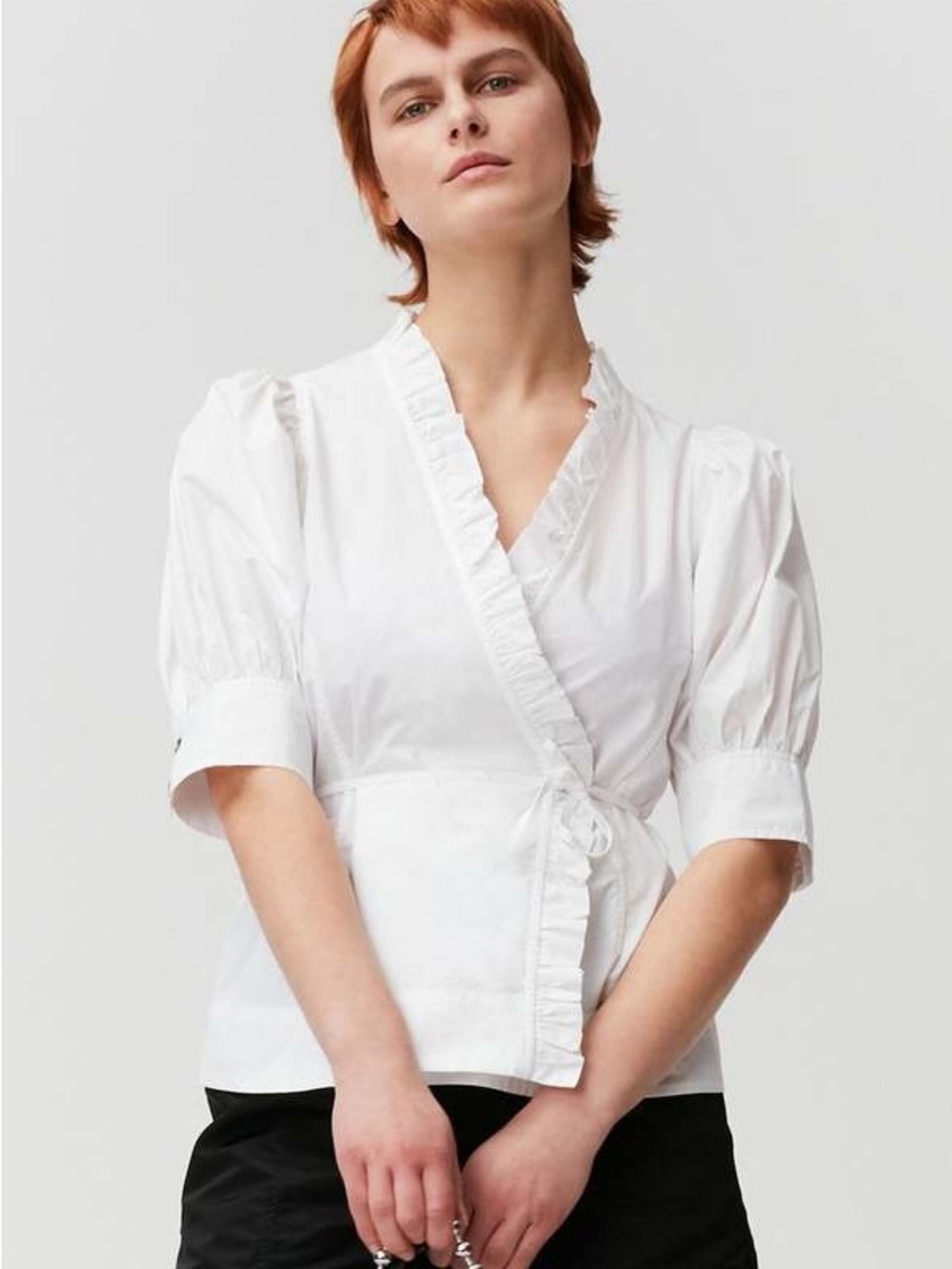 Ganni White Ruffle Wrap Blouse 100%cotton